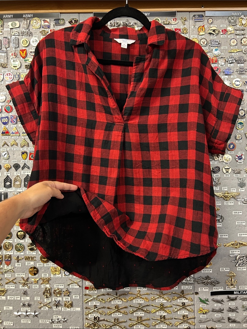 Time and Tru Red and Black Plaid Shirt w/ Polka Dot Lining